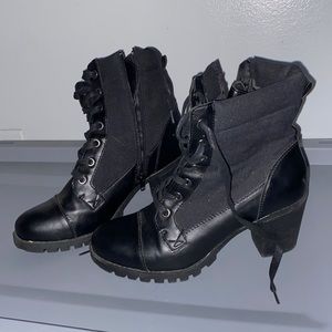 heeled combat boots, black leather, worn multiple times, has some pet hair